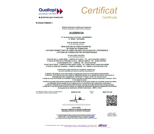 Audencia certification Qualiopi